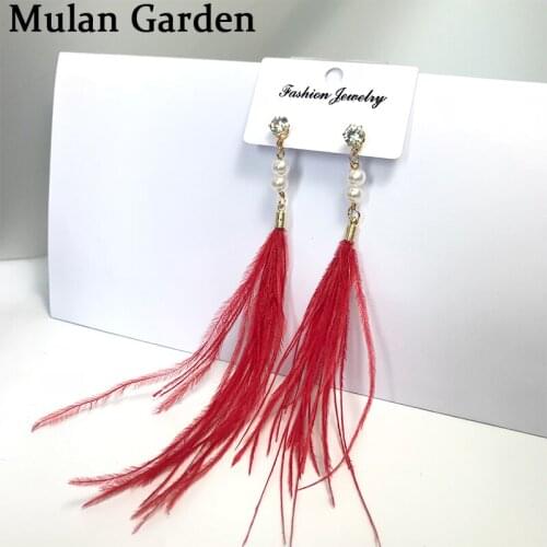 M&G Trendy Red Nature Feather Earrings Double Pearls Zircon Pendant Elegant Fashion Earrings Feather Jewelry Women Accessories