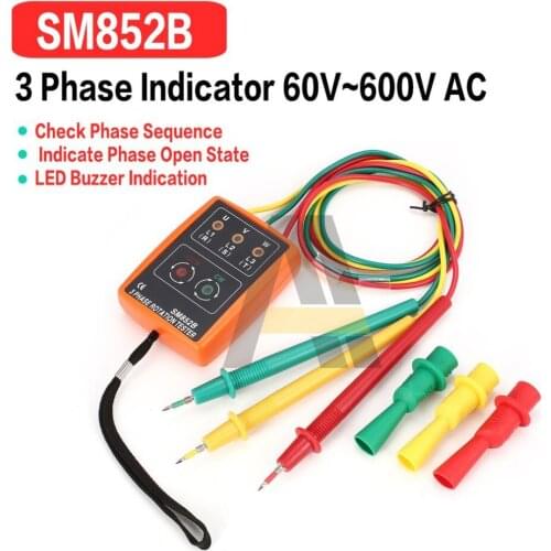 SM852B 3 Phase Rotation Tester 60V~600V AC Digital Phase Indicator Detector LED Buzzer Phase Sequence Meter Voltage Tester