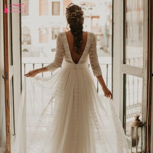 Half Sleeve A Line Wedding Dresses O-Neck Spain Fashion Vestido De Noivas With Long detachable Train Backless Bridal Gown ZW332