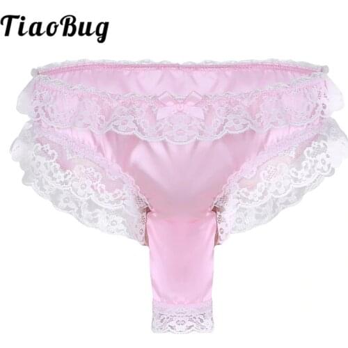 TiaoBug Men Soft Shiny Satin Floral Lace Frilly Open Penis Sheath Thong Briefs Tanga Hombre Sexy Gay Underwear Hot Sissy Panties