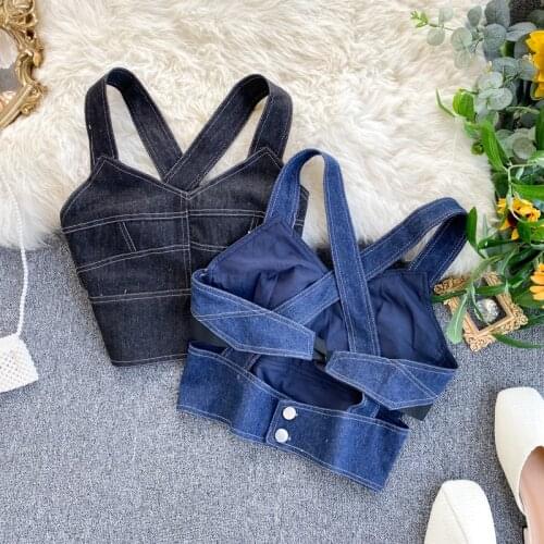Vintage Denim Vest for Women Sexy Club Party Night Chic Cotton Jeans Bralette Ladies crop tops Sliming Cami Summer Femme Veste