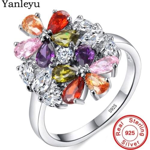 Yanleyu Big Exaggerated Fashion Party Jewelry Solid 925 Silver Multicolor Cubic Zircon Flower Wedding Rings for Women Gift PR050