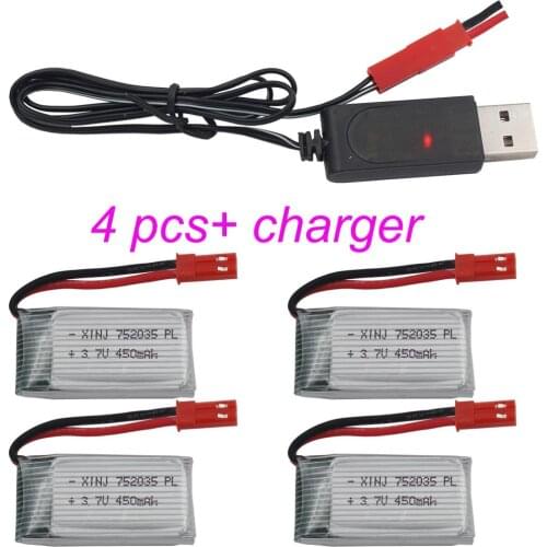 XINJ 4pcs+charger 3.7V 450mAh 752035 25C Rechargeable Lithium-Polymer Lipo battery for X4H107 MJXF47 DFDF180 RC Quadcopter Drone