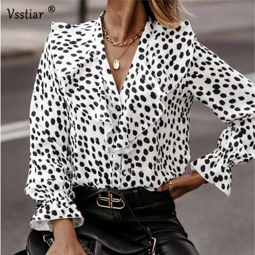 Elegant Ruffles Blouse Women 2020 Print Casual Autumn Long Sleeve Shirt Blouses Sexy V Neck Office Ladies Shirt Plus Size