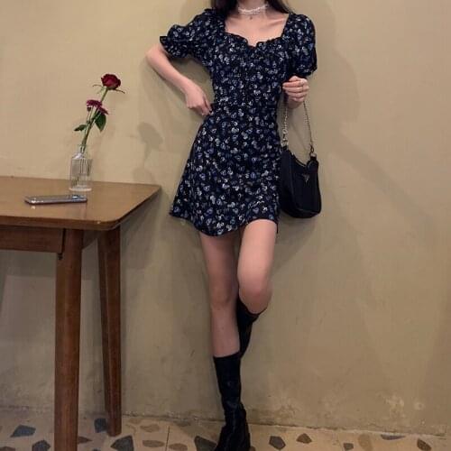 Women Dresses Summer 2021Sexy Square collarFloral Print Boho Beach Dress Ruffle Short Sleeve A Line Mini Dress Sundress Robe