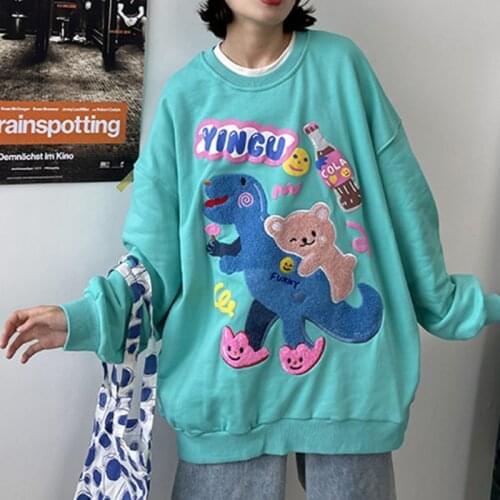 Women Sweatshirts Cute Anime Dinosaur Towel Embroidered Warm Bottomed Casual Loose Plush Autumn And Winter Fashion Pullover Tops