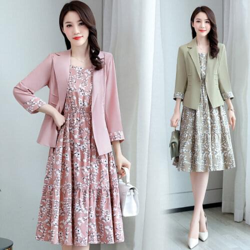 2pcs Autumn Skirt Suits For Women Office Long Sleeve Blazer Casual Loose Elegant Long High Waist Printing Dresses Suit Coat