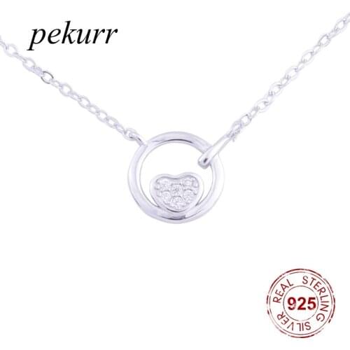 Pekurr 925 Sterling Silver Round Circle Hoop Zircon Heart Necklaces For Women Female Pendants Chain Collar Fashion Jewelry