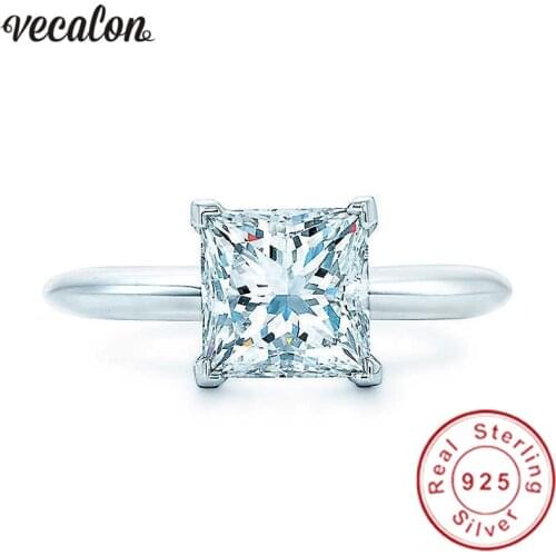 Vecalon Handmade 100% Real 925 Sterling Silver ring Princess cut 1ct Sona 5A Zircon Cz Engagement wedding Band rings for women