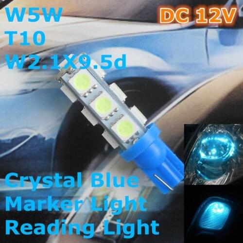 12V LED Crystal Blue Color Car Bulb Lamp T10(13*5050 SMD)W5W W2.1X9.5d for Signal Top Reading Width Light
