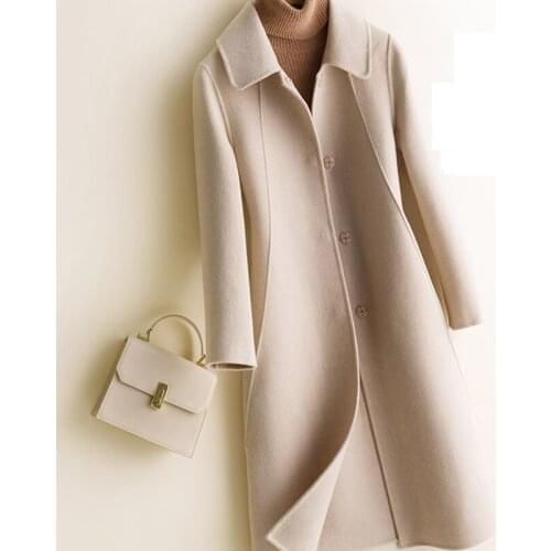 2019 Autumn Winter Wool Solid Color Coat Double-Faced Jacket Female Long Section Cashmere Suit Collar Woolen Outerwear AA154