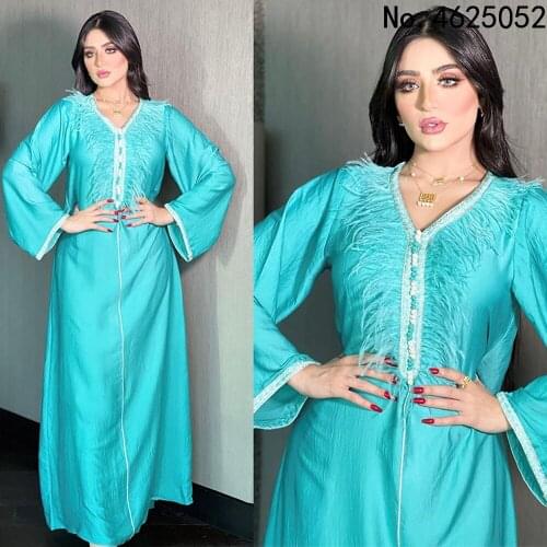 Abaya Dubai Turkey Muslim Kaftan Feathers Dress Women Long Sleeve Kimono Vêtements Femme Musulmane Ankara Dashiki Maxi Robes