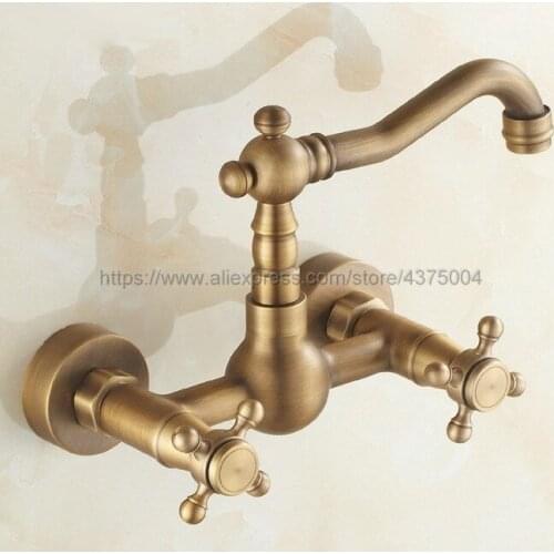 Antique Brass Swivel Spout Kitchen Sink Faucet / Wall Mounted Dual Cross Handles Bathroom Basin Mixer Taps Ntf003