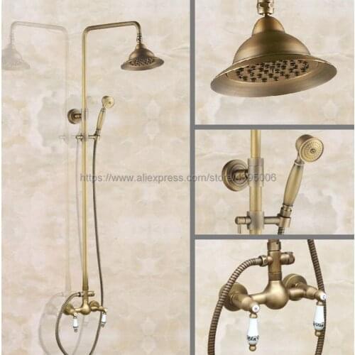 Antique Brass Rainfall Shower Faucet Set Double Handle Bath Shower Mixer Taps Wall Mounted with Handshower Ban105
