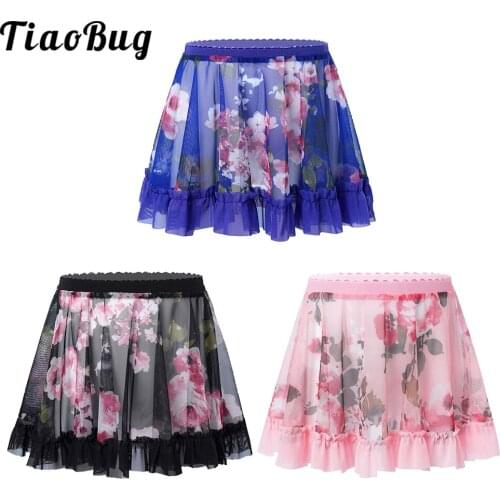 Kids Girls Ballet Skirt See-through Floral Dress Ruffled Hem A-line Mesh Ballet Dance Masquerade Skirt for Ballet Stage Show