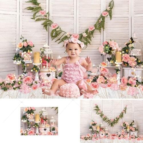 Spring Flowers Garden Cake Smash Wood Wall Photography Backdrops for Newborn Birthday Photographic Studio Photo Background Props