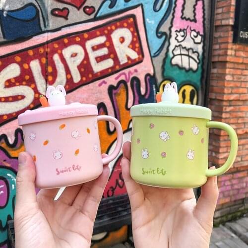 Cute Girl Cartoon Rabbit Ceramic Mug Silicone With Cover Office Drinking Students Home Milk Coffee Breakfast Drinking