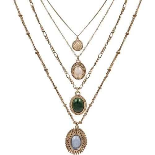 New Arrival Boho Multi-Layered Long Chain Choker Necklaces for Women Inlaid Green Pink Gray Stone Trendy Jewelry