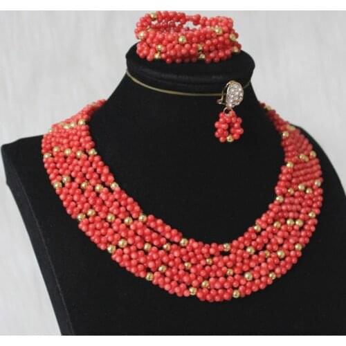 Dudo Fashion Nigerian Wedding African Nature Coral Beads Orange Coral Necklace Jewelry Set Layers 3 Pieces