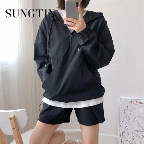 Sungtin Women 2 Piece Sets White Hooded Pleat Long Sleeve Loose Tops Elastic High Waist Wide Leg Shorts Summer Thin Sportswear