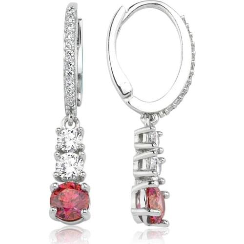 Valori Jewels 1.54 Carat, Zirconia Red And White Round Gemstone, Rhodium Plated, Sterling Silver Three Stone Earrings
