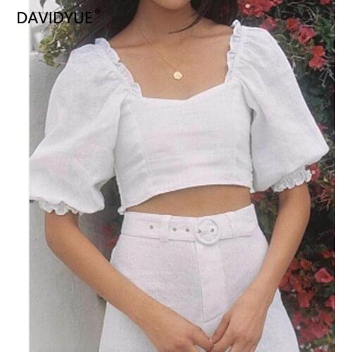 Summer blouses women crop top streetwear puff sleeve shirts elegant korean fashion white cotton top vintage ruffle ladies tops