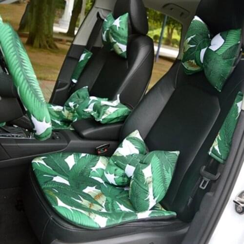 Linen Banana leaf Car Steering Wheel Cover Seat Neck Waist Support Pillows Decoration Sets Seatbelt Pad Front Seats Back Cushion