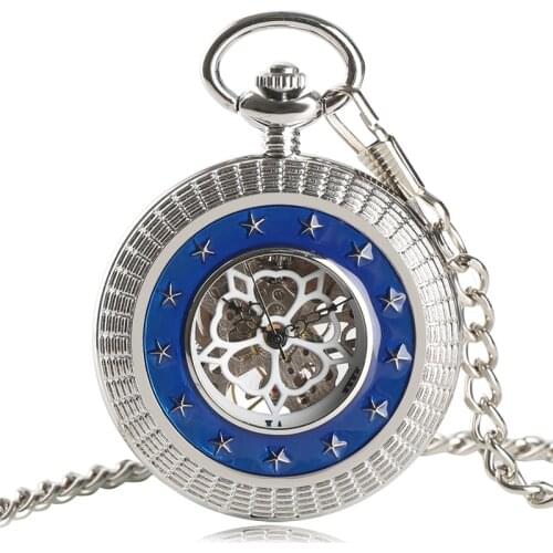 Silver Blue Stars Hand Winding Mechanical Pocket Watch Skeleton Carving Women Men Fob Watches Luxury Pendant Fashion Clock Gift