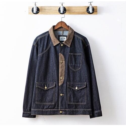 Mens Denim Clothes Tough Retro Hunting Corduroy Stitching Denim Loose Black Denim Jacket Chamarra De Mezclilla Para Hombre
