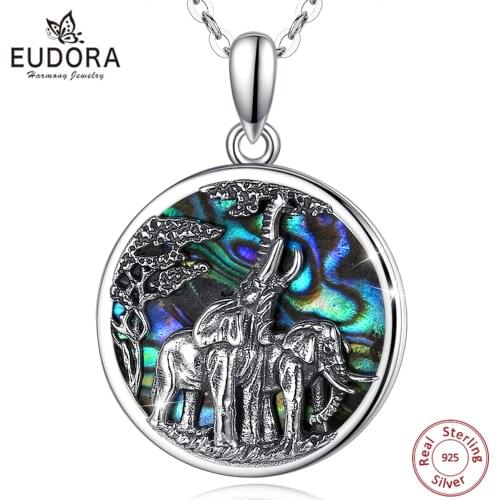 Udora 925 Sterling Silver Abalone shell elephant necklace mother oyster animal Blue colorful fine Necklace Jewelry for partner