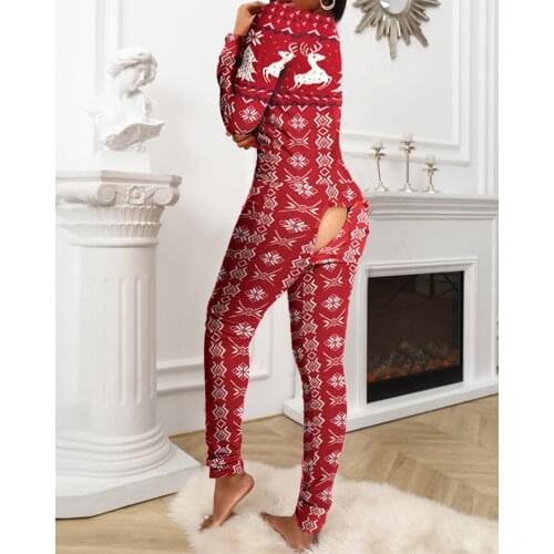 2021 Fashion Christmas Plunge Functional Buttoned Flap Adults Pajamas Sleepwear Home Clothes Female Long Sleeve Womens Jumpsuit