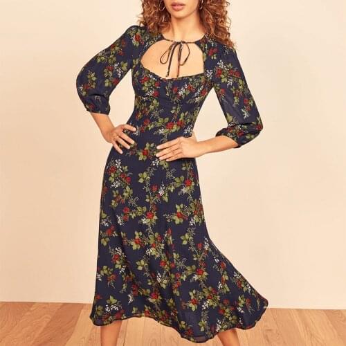 Dresses Spring Autumn Women Clothing 3/4 Sleeve Floral Print Vintage Dress Woman Sweetheart Neck Tie Party Elegant Midi Dress
