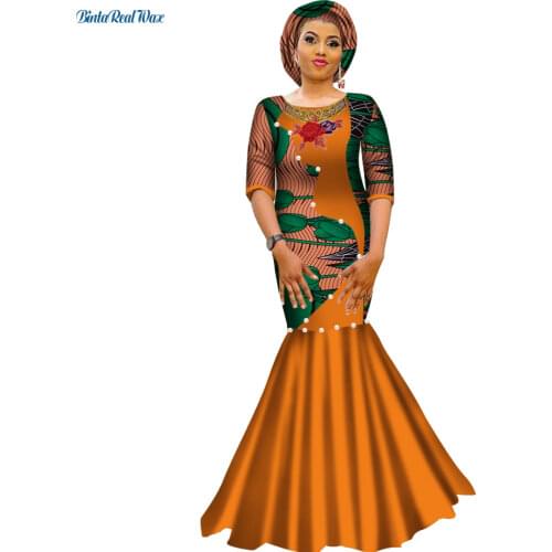 Bazin Pearls Dress Plus Size Women African Clothing African Print Patchwork Embroidery Dresses for Women Vestidos WY2789