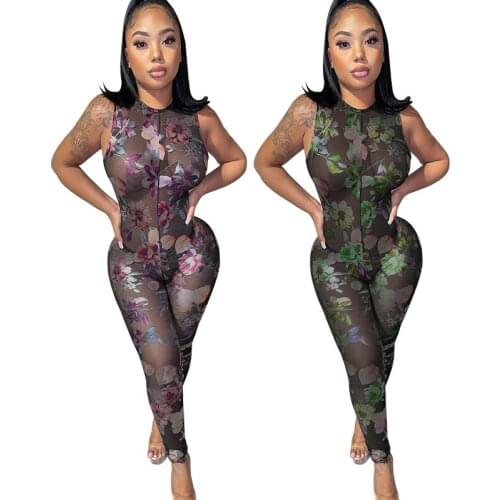 Sexy Floral Print Sheer Mesh See Through Jumpsuit Women Summer