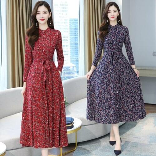 Spring and autumn knitted dress women stand-up collar long-sleeved waist slim long skirt high-end red floral skirt