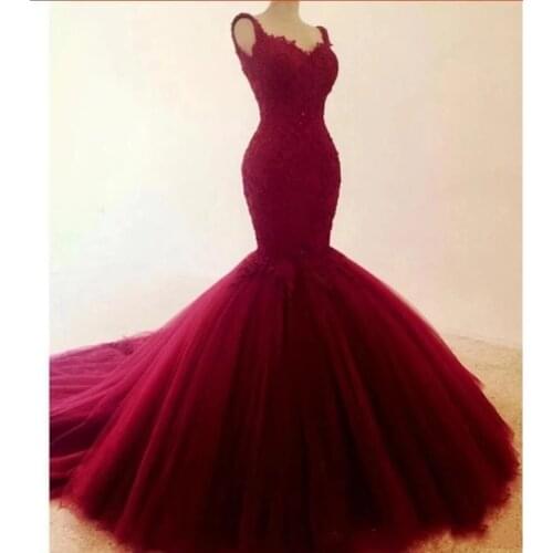 Angelsbridep Burgundy Mermaid Wedding Dress Fashion Strap Appliques Court Train Robe De Soirée De Mariage Formal Wedding Gowns