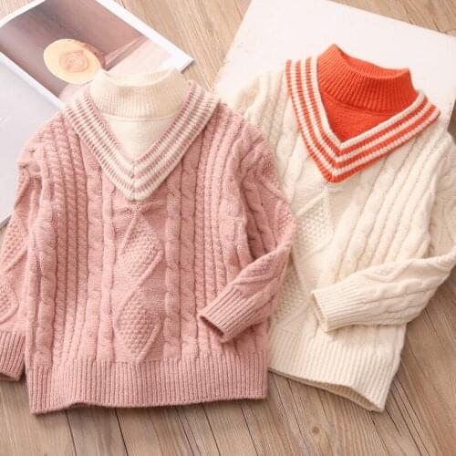 Girls Fake Two-Piece Sweaters New 2020 Spring Autumn 3 To12 Years Childrens Clothing Baby Fashion Tops Pullover Knitted Wear