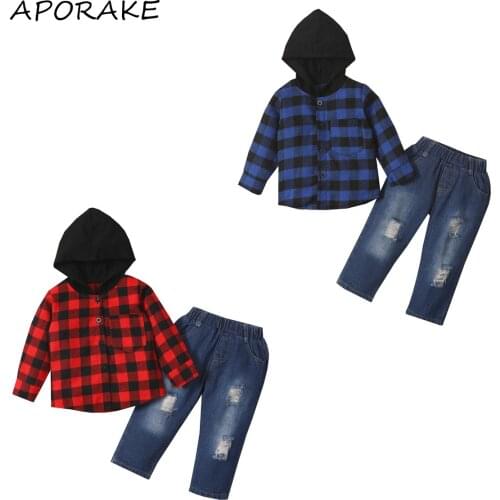 2021 0-5Y Casual Baby Boy Clothing Set Pockets Plaid Print Patch Hooded Top Sweatshirt+Denim Pants Children Fall Outfits 2pcs