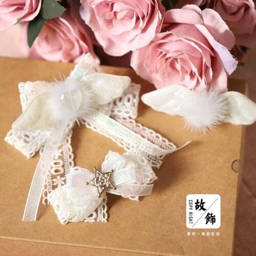 Japanese Soft Sister Handmade Bowknot Lace Hairpin Angel Heart Wings White Plush Ball Star Hair Accessories Women