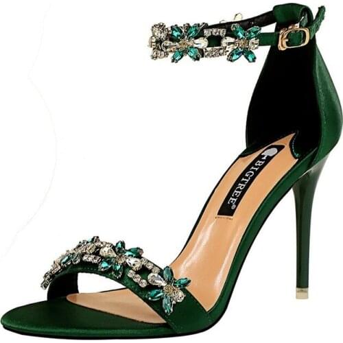 2021 Women 9cm High Heels Crystal Sandals Wedding Bridal Stiletto Heels Sandles Glitter Prom Elegant Stripper Satin Strap Shoes