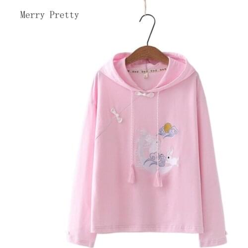 Pink Cotton Hooded Sweatshirts For Women Sweet Style Harakuju Cartoon Embroidery Hoodies 2021 Summer New Long Sleeve Pullover