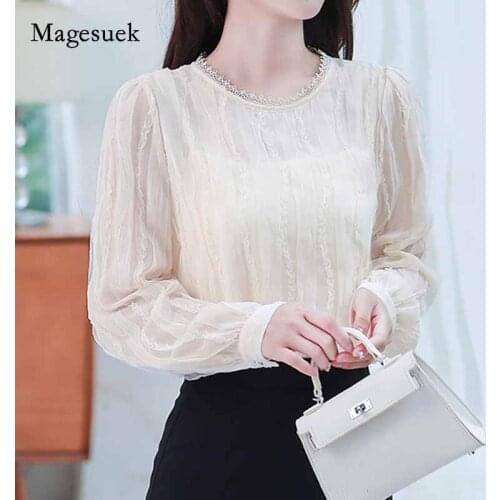 Women Lace Solid Pullover Female Tops Autumn Office Lady Mesh Long Sleeve Women Blouse New Korean Elegant Chiffon Shirt 10932