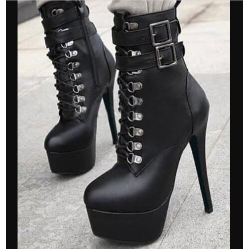 Women Autumn Ankle Boots Sexy High Heels Platform Boots Round Toe Leather Booties Black Shoes Ladies Party Shoes New