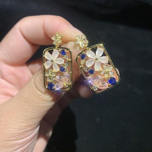 S925 Sterling Silver Studs Palace Vintage Style Hollow CZ Flower Square Drop Earrings Famous Brand for Women