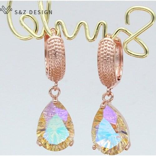 S&Z DESIGN Korean Fashion Luxury Water Drop Crystal Dangle Earrings 585 Rose Gold Eardrop For Women Girl Wedding Party Jewelry