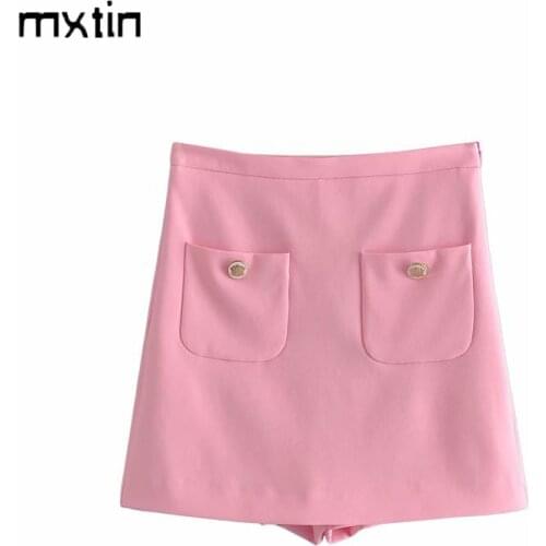2021 Women Vintage With Double Buttons Pink Shorts Skirts Fashion Spring High Waist Side Zipper Offic Lady Female Skort Mujer