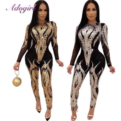 Sexy Gorgeous Floral Sequins Sheer Mesh Night Party Club Jumpsuit Women O Neck Long Sleeve Skinny Romper Casual Outfit Overalls