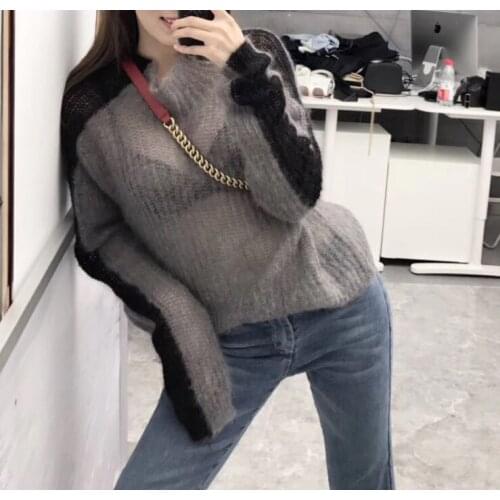 2021 Spring/Autumn Thin Translucent Sexy Sweater Ladies Turtleneck Patchwork Grey Knit Pullover Silver Silk Fashion Womens Top