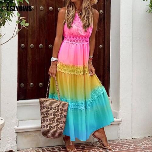 2021 Boho Long Dress Women Gradient Color Chiffon Maxi Dress Lace Patchwork V-neck Vintage Elegant Party Dresses Casual Vestidos