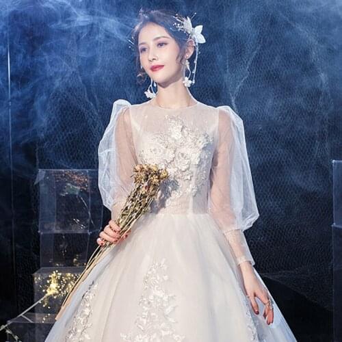 New Wedding Dress 2021 for Bride Long Sleeve Sheer Embroidery Flowers Beading vestido de festa de casamento Trouwjurk